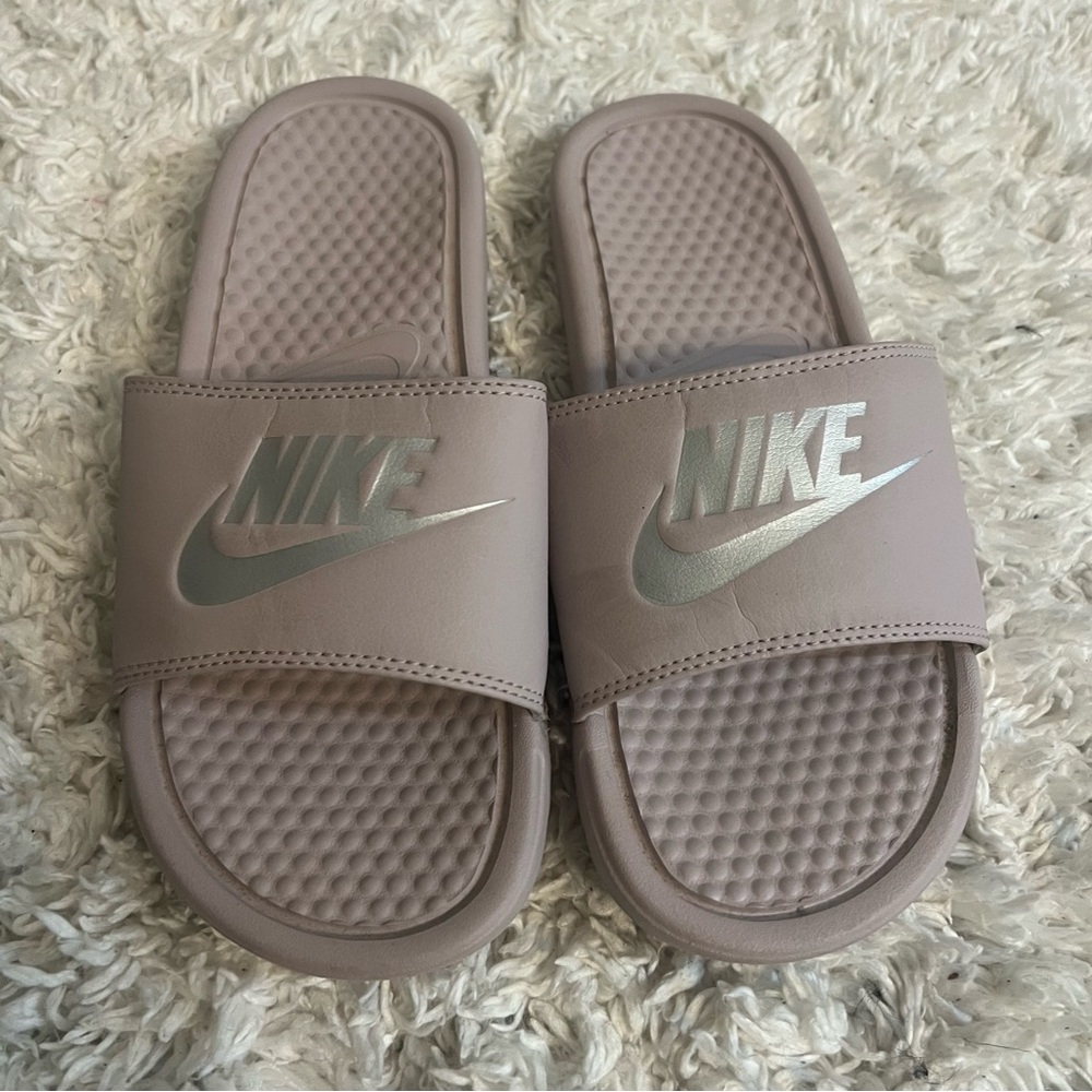 Nike Taupe Slides with Silver Logo